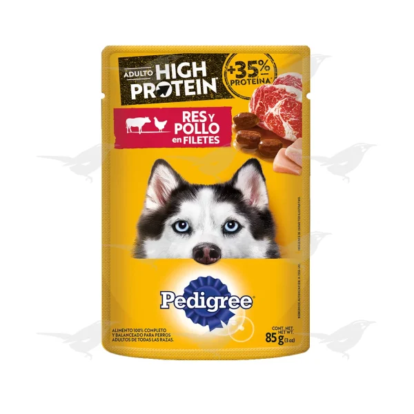 Alimento Pedigree Adulto  High Protein Res y Pollo en Filetes Sobre 85g