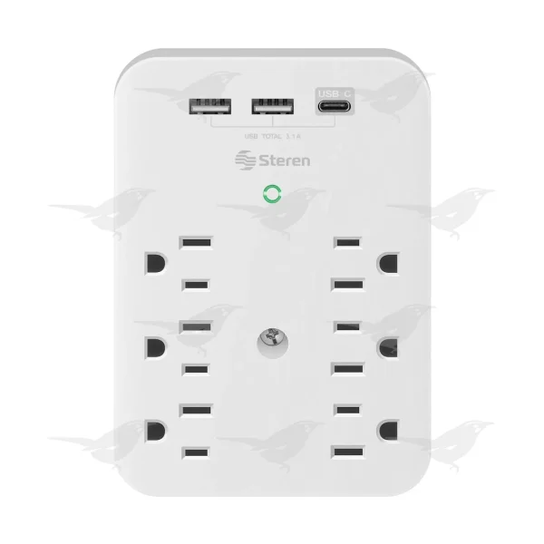 Clavija Steren adaptadora 6 contactos y triple cargador USB