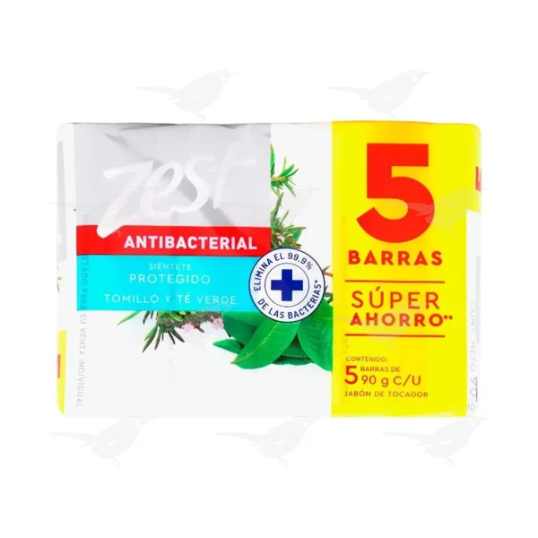 Jabon en Barra Zest Antibacterial Tomillo y Te Verde 5 Barras 90g c/u
