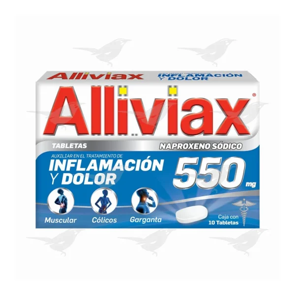 Tabletas Alliviax Inflamación y Dolor 550 mg 10 Tabletas