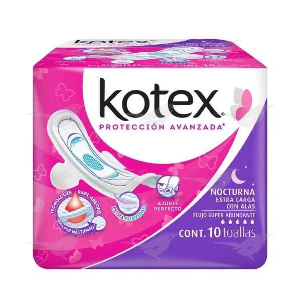 Toallas Femeninas Kotex Maxi Nocturna con Alas Flujo Super Abundante 10 piezas