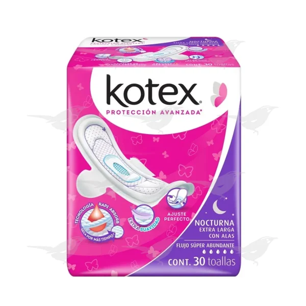 Toallas Femeninas Kotex Nocturna Extra Largas con Alas Flujo Súper Abundante 30 piezas