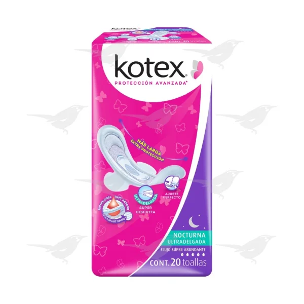Toallas Femeninas Kotex Nocturna Ultradelgada con Alas Flujo Súper Abundante 20 piezas