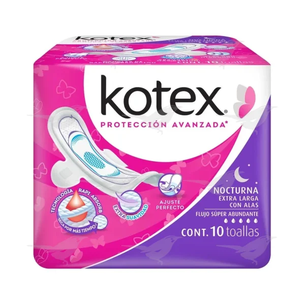 Toallas Femeninas Kotex Nocturna con Alas Flujo Súper Abundante 10 piezas