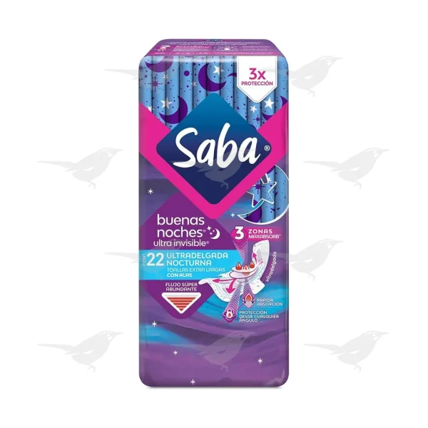 Toallas Femeninas Saba  Buenas Noches Ultra Invisible Ultradelgada con Alas 22 piezas