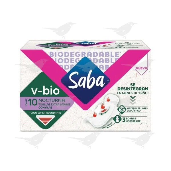 Toallas Femeninas Saba V-Bio Nocturna con Alas Extra Largas 10 piezas